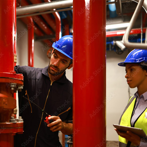 To personer med blaa arbeidshjelm ser paa roedt brannslokkingsanlegg.